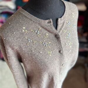 Embroidered Mocha Brown Cashmere Cardigan Sweater,L